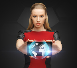 woman holding tablet pc with sign of globe