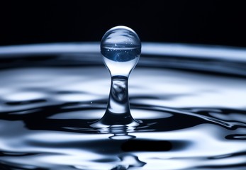 Fototapeta na wymiar Water drop and splash close up, dark blue color