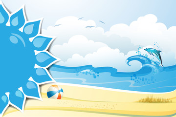 Blue solar shape with beach ball and dolphin on the sea