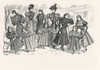 Fototapeta na wymiar Women and girls playing outdoors. Vintage engraved illustration