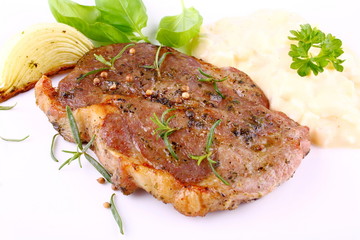 Herb Grilled steak meat with onion, potato salad