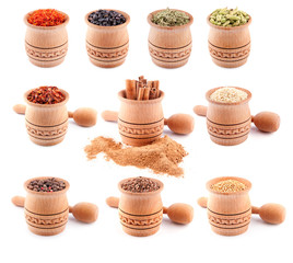 Set of spices in wooden bowls