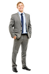 Happy businessman standing full length isolated on white