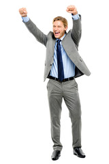 Happy businessman celebrating success isolated on white backgrou