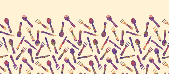 Vector textured silverware horizontal seamless pattern