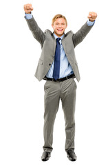 Happy businessman celebrating success isolated on white backgrou