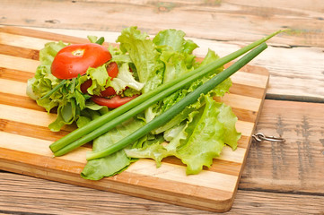 fresh red tomato, green onions, lettuce, parsley, against a wood
