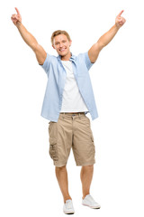 Happy young man celebrating with arms up isolated on white backg