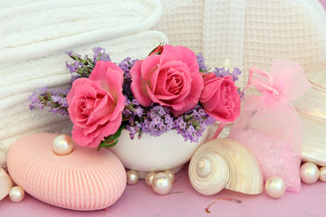 Fototapeta na wymiar Rose Toiletries with Lavender