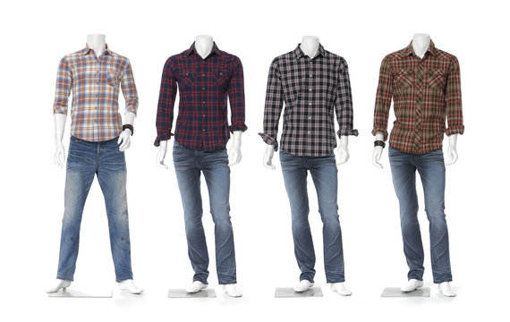 male mannequin dressed in jeans with in cotton plaid shirt