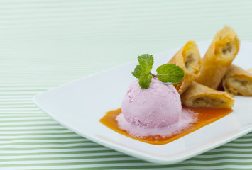 Banana flambe warp spring roll ice cream.