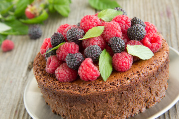 Chocolate mousse cake with raspberries.