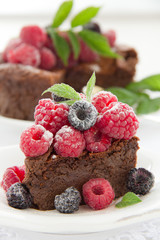 Chocolate mousse cake with raspberries.