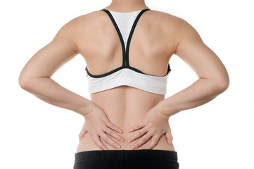 Fototapeta na wymiar healthy fit woman body have a backache in Sports wear 