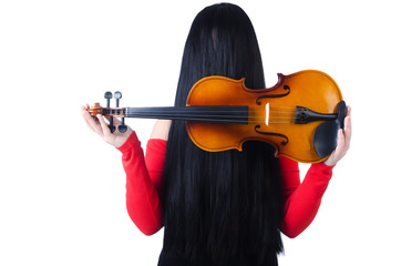 Young girl with violin on white