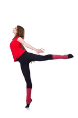 Young gymnast exercising on white