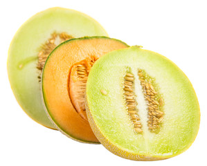 Various type of melons cut in half over white background - obrazy, fototapety, plakaty