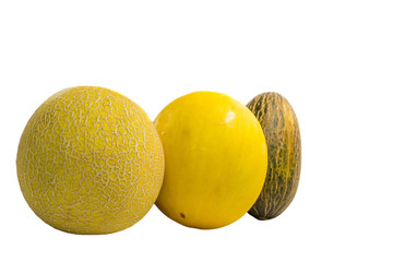 Various types of melons over white background.