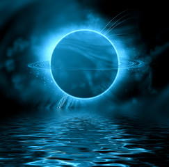 Fantasy planet reflected in water surface. Space background.