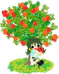 A girl eating a pomegranate under the tree.