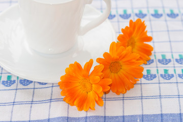 Cup of tea and flowers of calendula.