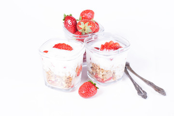 yogurt, strawberries on a white background