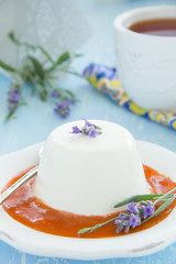 Lavender panna cotta with peach puree.