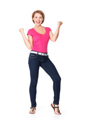 Obraz premium Beautiful happy woman celebrating success being a winner
