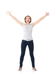 Obraz premium Beautiful happy woman celebrating success being a winner