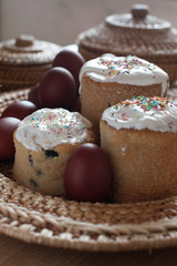 Russian Easter still life with cake, painted eggs and candle