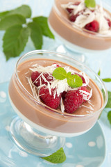 Chocolate panna cotta with raspberry and white chocolate.