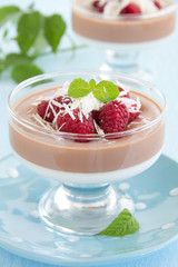Chocolate panna cotta with raspberry and white chocolate.