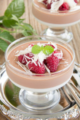 Chocolate panna cotta with raspberry and white chocolate.