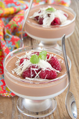 Chocolate panna cotta with raspberry and white chocolate.