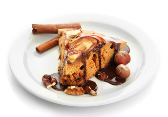 slice of tasty homemade pie with chocolate, isplated on white