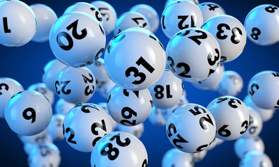Lottokugeln fliegen auf blauem Hintergrund - obrazy, fototapety, plakaty