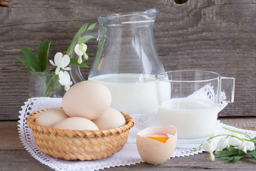 Fresh milk, wheat seeds and two eggs