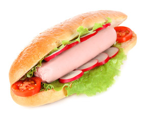 Tasty hot dog with vegetables isolated on white