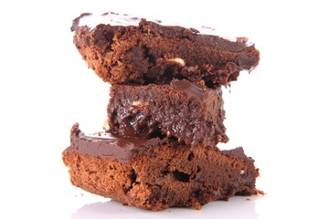Slices of a brownie with white chocolate chunks