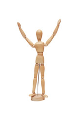 wooden dummy manikin in celebrate position