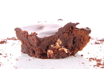 Slices of a brownie with white chocolate chunks