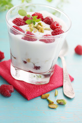 dessert with raspberries and pistachios