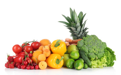 Assortment of fresh fruits and vegetables, isolated on white