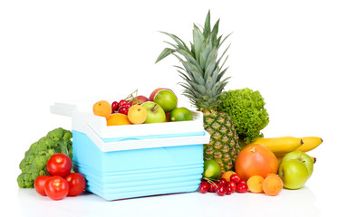 Fresh fruits and vegetables in mini refrigerator, isolated