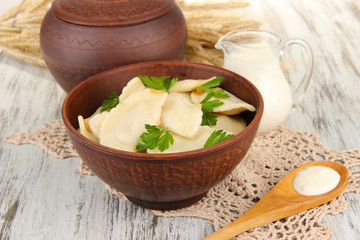 Tasty dumplings with fried onion