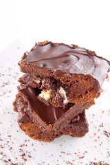 Slices of a brownie with white chocolate chunks