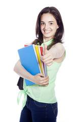 Happy female student thumb up, isolated on white background