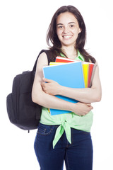 Happy smiling female student carrying notebooks, isolated on whi