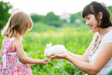 Obraz premium girl playing with a small rabbit