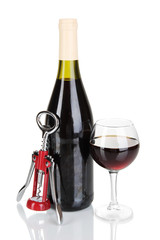Corkscrew and bottle of wine isolated on white